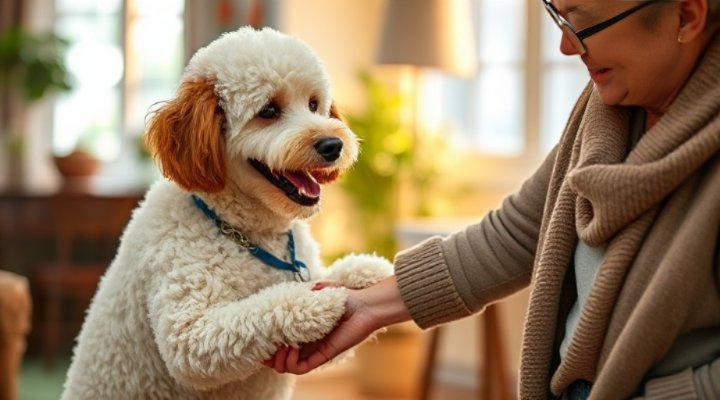 A friendly Poodle shaking hands with its owner