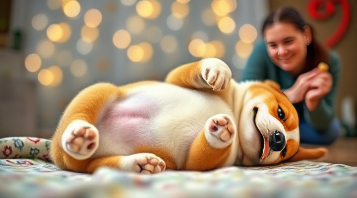 Corgi puppy halfway through rolling over during training