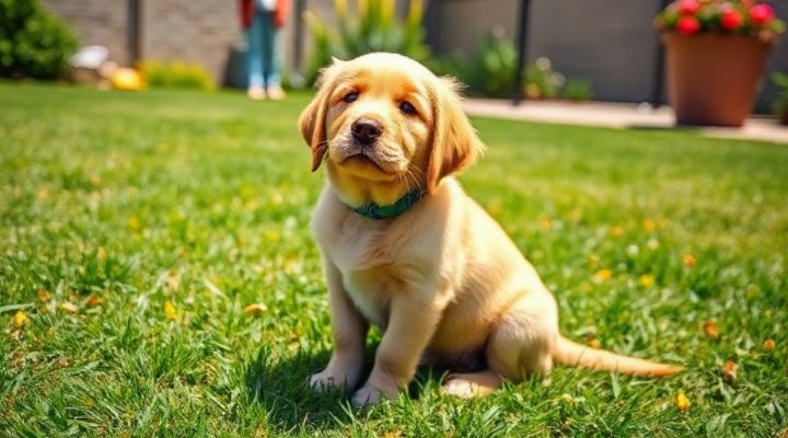 Adorable golden retriever puppy sitting on grass during training