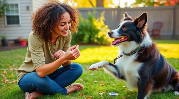 Woman rewarding her dog with treats during bite inhibition training