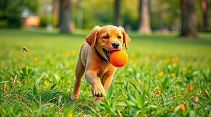 Joyful labrador puppy retrieving a ball during fetch training