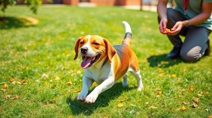 Playful beagle rolling over on command during training session