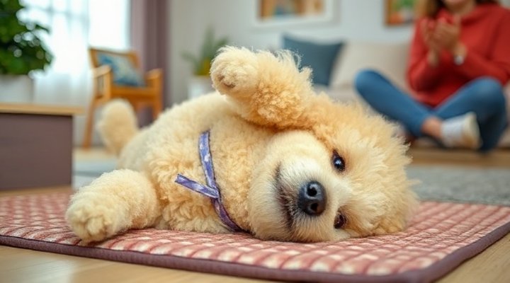 A small poodle performing a fun trick like rolling over