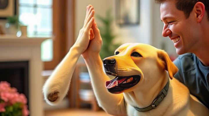 A playful Labrador giving a high five to its owner