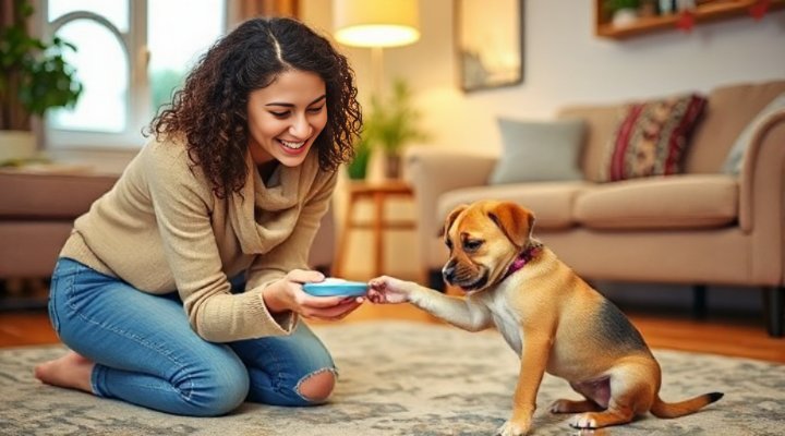 Young woman teaching small puppy to shake hands in living room