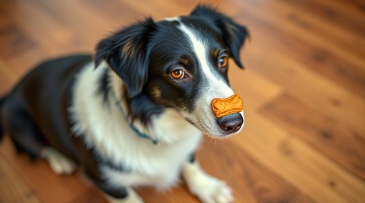 Dog balancing a treat on its nose