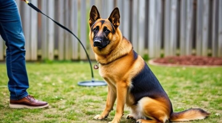 A German Shepherd following obedience commands