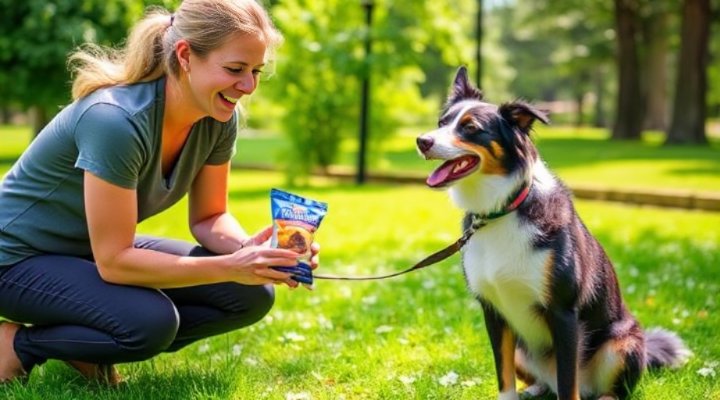 A trainer rewarding a dog with Gravy Train treats during a training session
