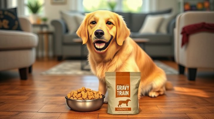 A golden retriever happily eating Gravy Train dog treats