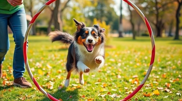 Australian Shepherd jumping through a hoop