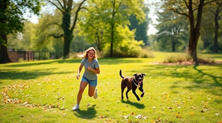 A Labrador retriever playing fetch with its smiling owner in a park