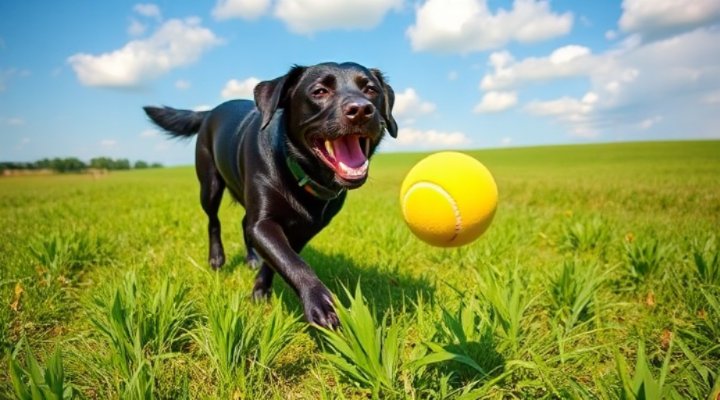 Labrador Retriever happily fetching a ball