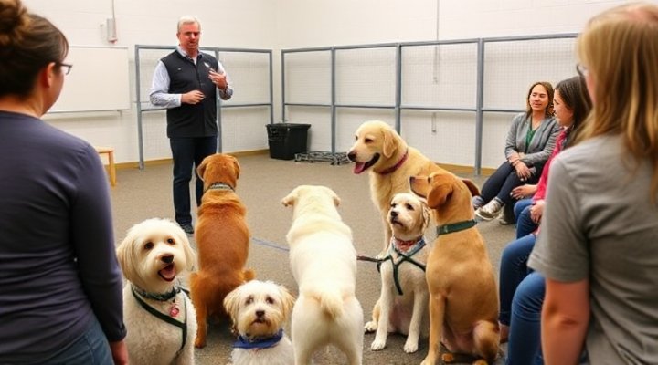 A group of dogs and owners participating in a training class