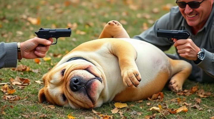 A dog lying on its back, playing dead during a fun training session.