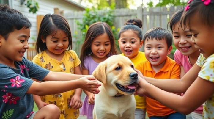 A small puppy interacting gently with a group of smiling children