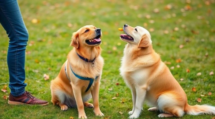 A golden retriever sitting and looking happily at its owner during a training session.