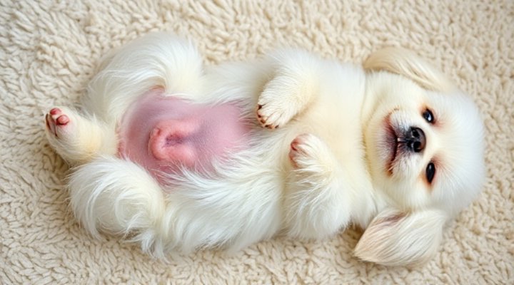 A small dog lying on its back showing submissive behavior