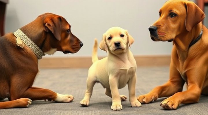 Young puppy being introduced to other dogs