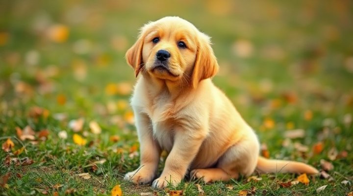 A cute Golden Retriever puppy sitting obediently