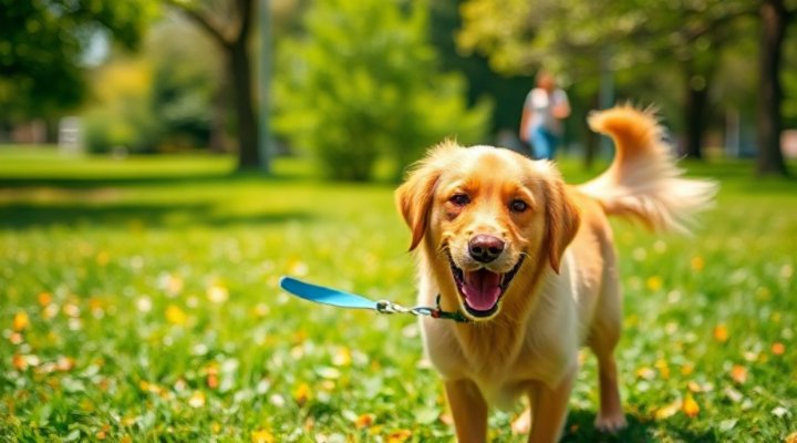 A golden retriever happily wagging its tail in a sunny park