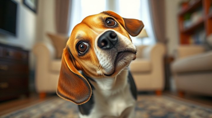 A curious beagle tilting its head while listening to its owner