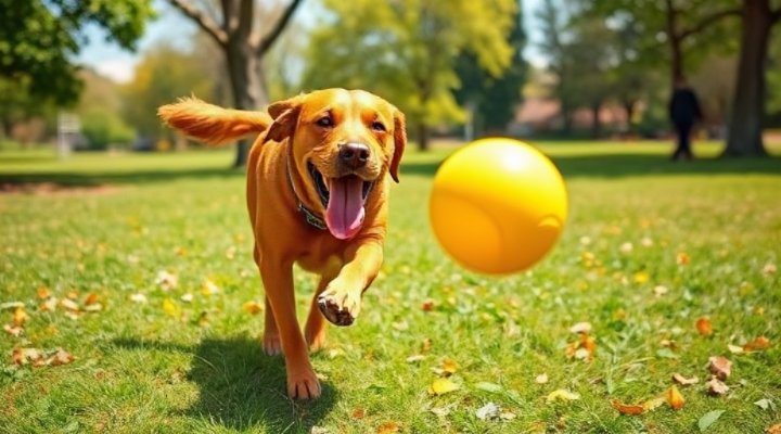 A Labrador Retriever happily fetching a ball