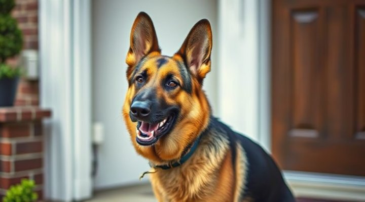 A German shepherd barking alertly at the front door