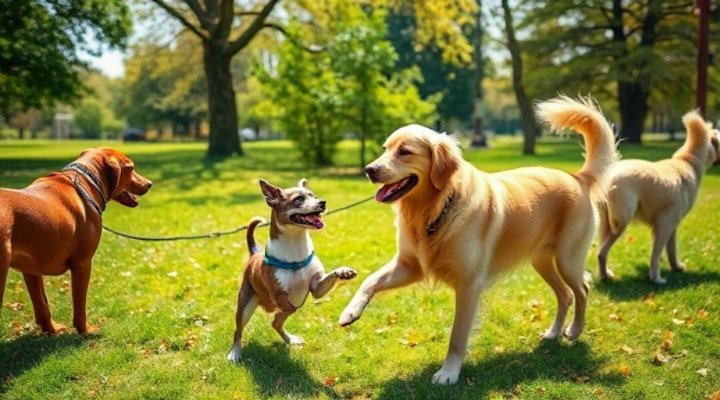 A happy golden retriever playing with other dogs in a park