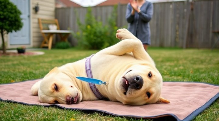 A playful dog rolling over on a soft mat during a training session.