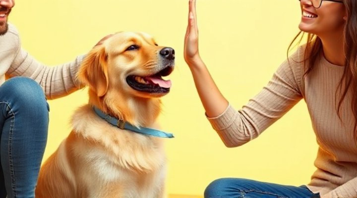 A happy golden retriever performing a high-five trick