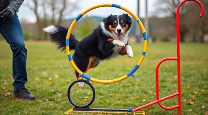 A border collie jumping through a hoop during an agility trick
