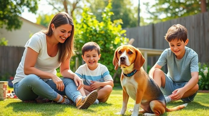 Happy family playing with their easy to train dog