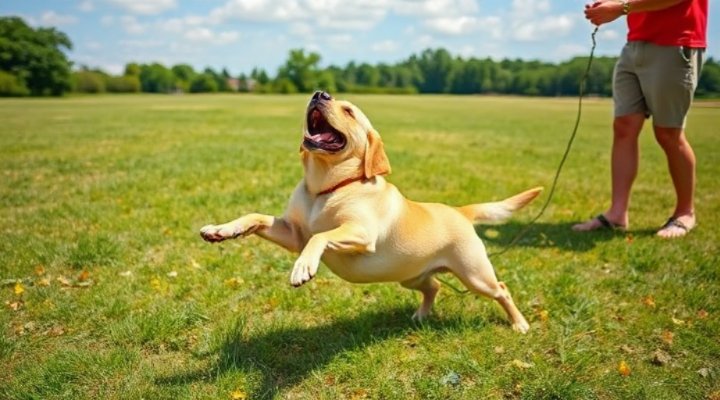 A playful Labrador learning to roll over during training