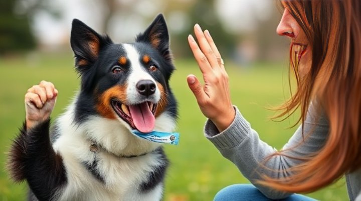 A cheerful dog giving a high-five to its owner.