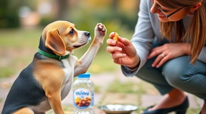 A small dog lifting its paw to shake hands with its owner.