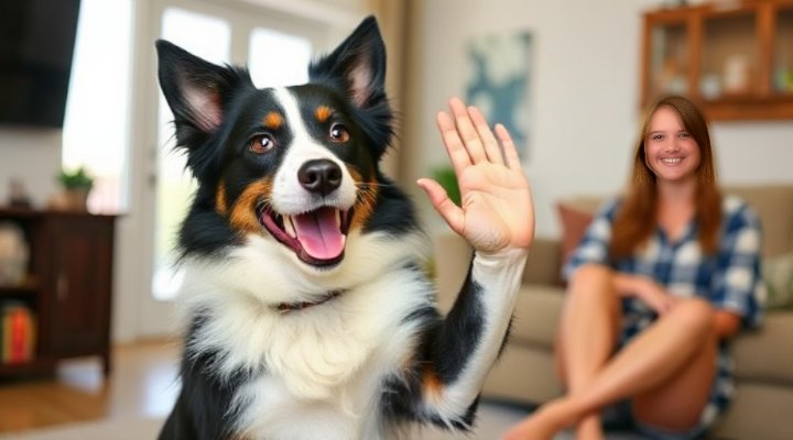 A Border Collie performing a trick with a happy expression