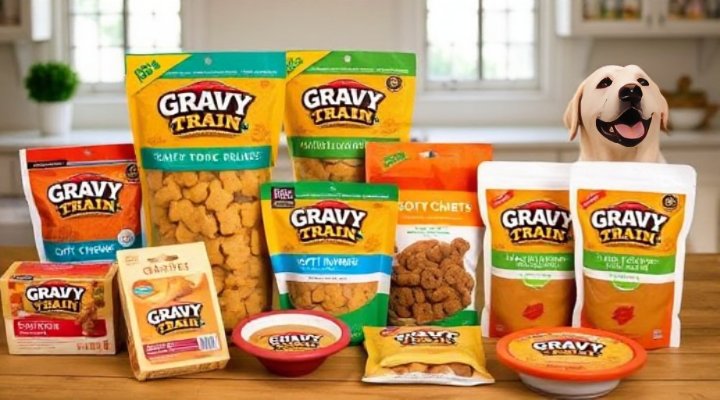 Assorted Gravy Train dog treats displayed on a table