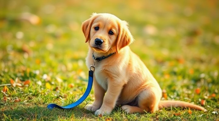 Adorable Golden Retriever puppy sitting with a training leash