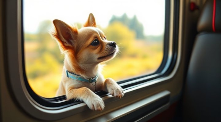Happy dog looking out train window during journey