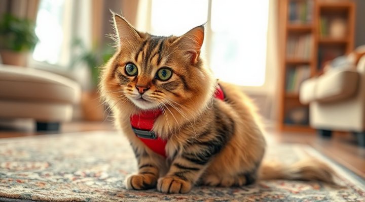 Cat acclimating to a harness in a cozy home setting
