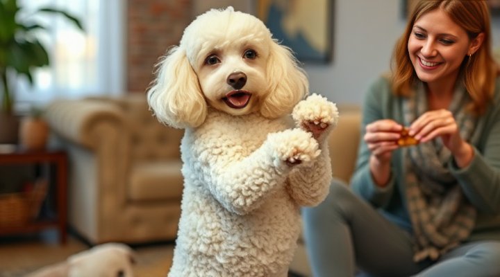 A Poodle performing a trick with its owner