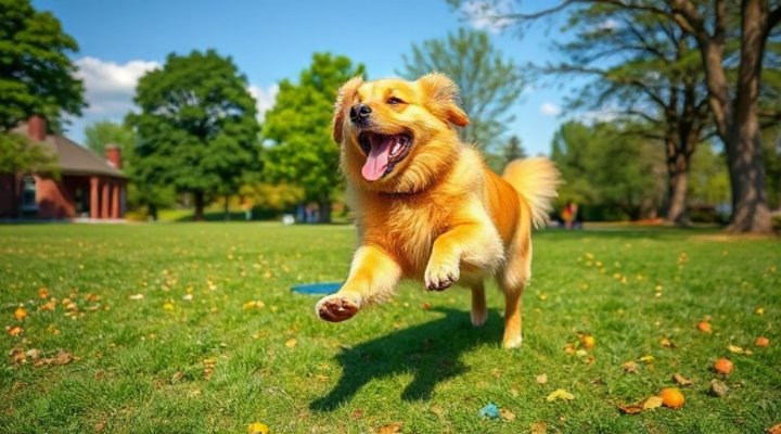 A golden retriever joyfully jumping in a sunny park
