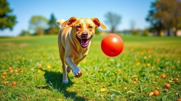 An energetic dog fetching a ball in the park