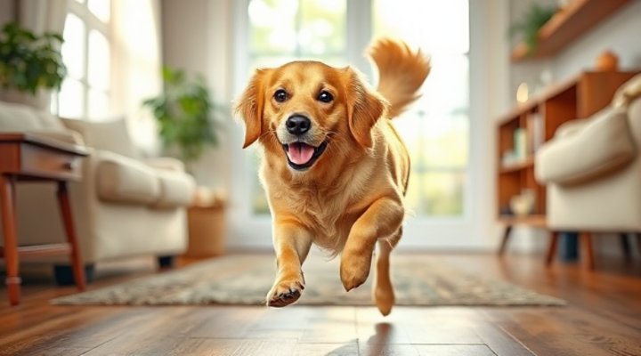A happy golden retriever wagging its tail and jumping slightly, showing signs of excitement.