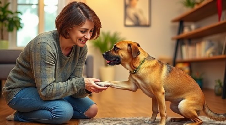 A woman calmly teaching her dog not to jump on people