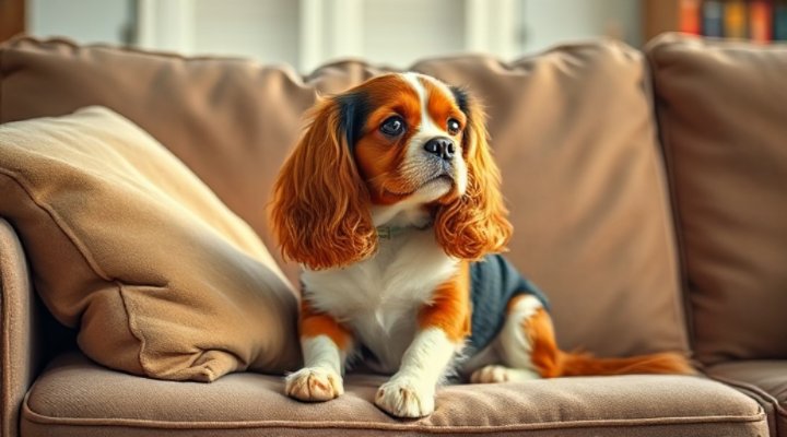 A Cavalier King Charles Spaniel sitting on a couch