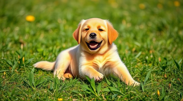 A cute Golden Retriever puppy playing in the grass