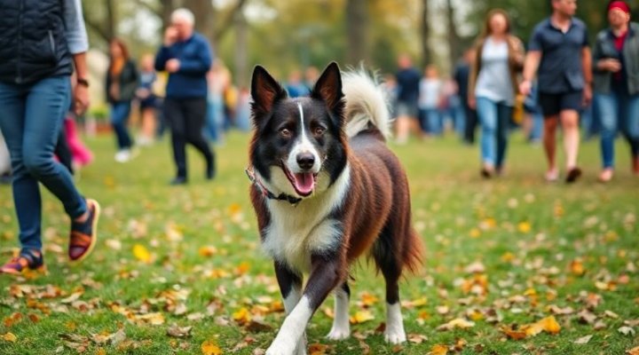 A confident dog walking calmly through a busy public space