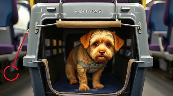 Small dog in approved carrier placed under train seat