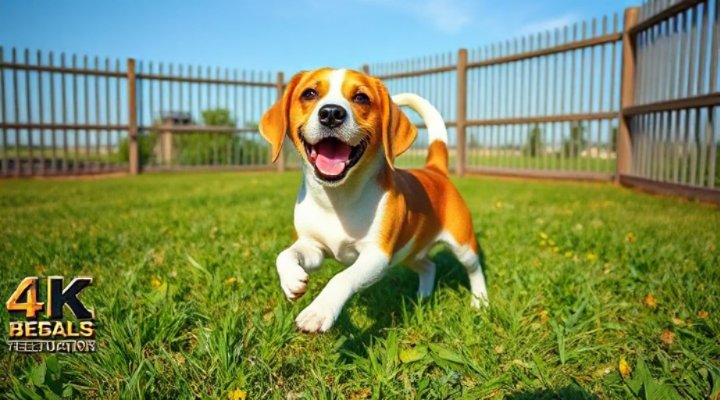A Beagle playing happily in a fenced yard
